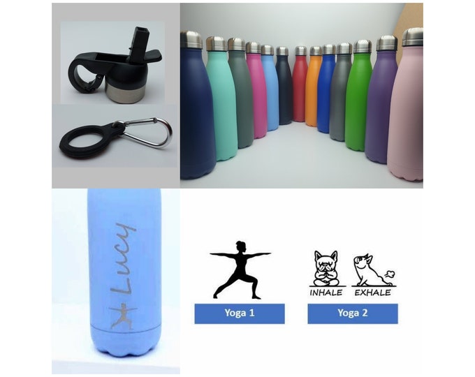 Yoga Stainless Steel 500ml Water bottle personalised with a name and a Yoga themed design