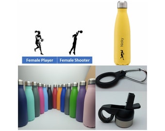 Netball Stainless Steel 500ml Water Bottle personalised with a name and a Netball design