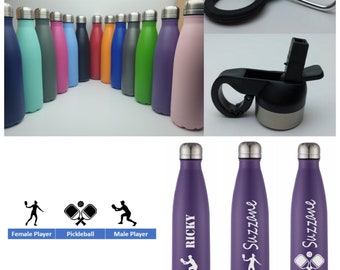 Pickleball Stainless Steel 500ml Water bottle personalised with a name and a Pickleball themed design