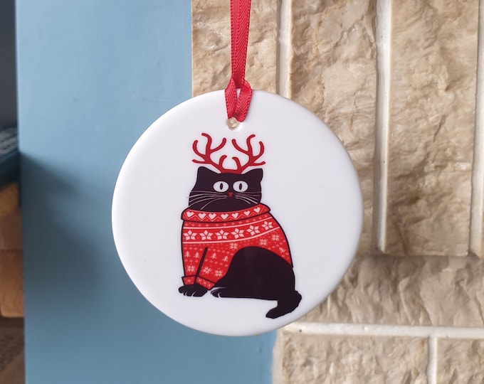 Cat with antlers and Christmas jumper ceramic Christmas tree decoration