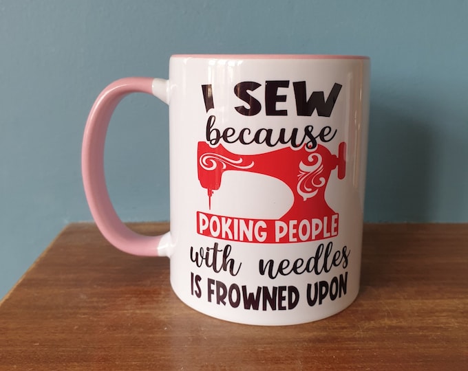 Sewing mug with funny sewing themed design