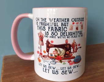 Sewing mug with funny sewing themed Christmas design