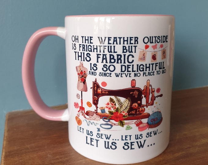 Sewing mug with funny sewing themed Christmas design