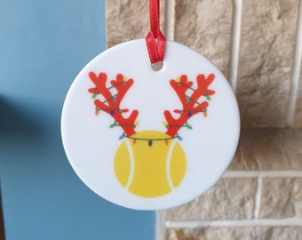 Tennis ball with antlers and Christmas lights ceramic Christmas tree decoration