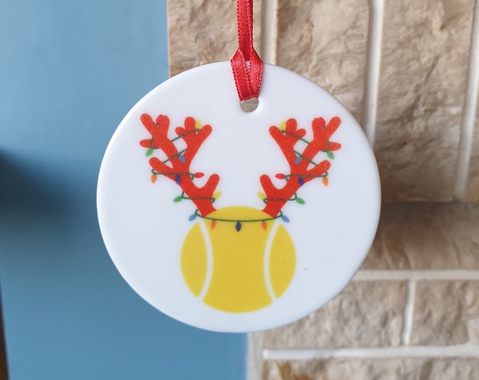 Tennis ball with antlers and Christmas lights ceramic Christmas tree decoration