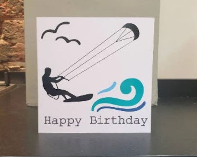 A handmade design kitesurfing, kitesurfer Birthday greetings card. Ideal for all sports lovers!