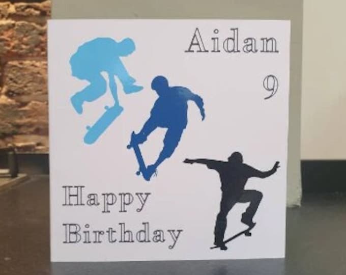 Personalised skate boarding, skate boarder birthday card / greetings card with name and number. Ideal for children,kids,birthday, sports