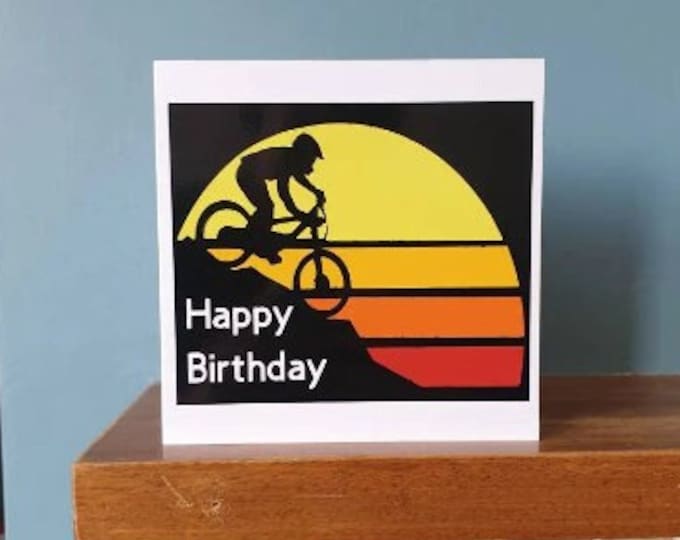 A handmade cut out design Mountain biking / Mountain bike Birthday greetings card. Ideal for all sports lovers!
