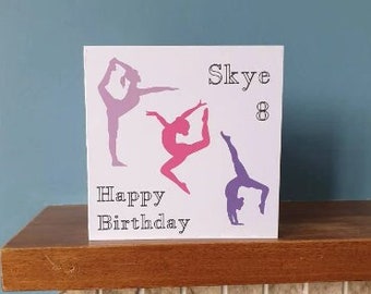 A lovely personalised handmade gymnastics, gym birthday card / greetings card with name and number. Ideal for all gymnastics lovers!
