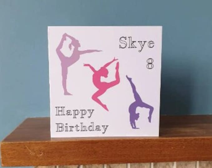 A lovely personalised handmade gymnastics, gym birthday card / greetings card with name and number. Ideal for all gymnastics lovers!