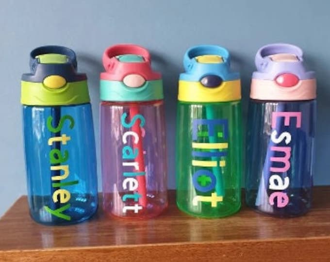 Kids 480ml drinks bottle with popup spout, handle , and personalised with a name
