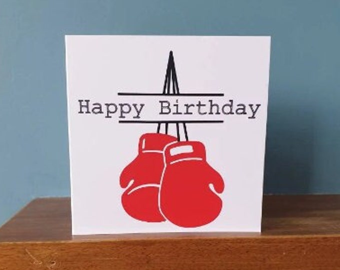 A handmade cut out design Boxing Gloves, Boxing, Boxer Birthday greetings card. Ideal for all sports lovers!