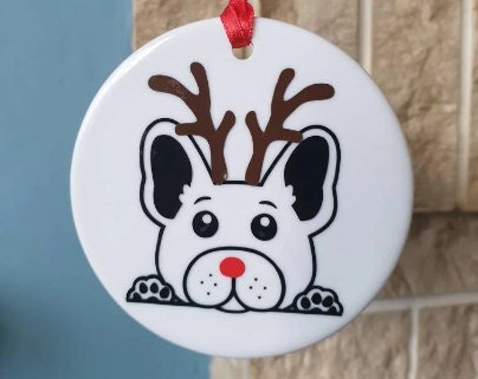 French Bulldog with antlers and red nose round ceramic Christmas tree decoration