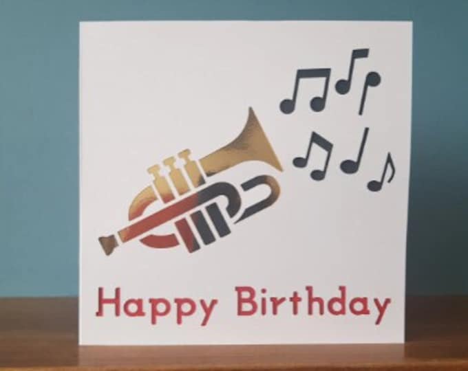 A lovely and colourful Trumpet birthday card. Ideal for all music lovers!