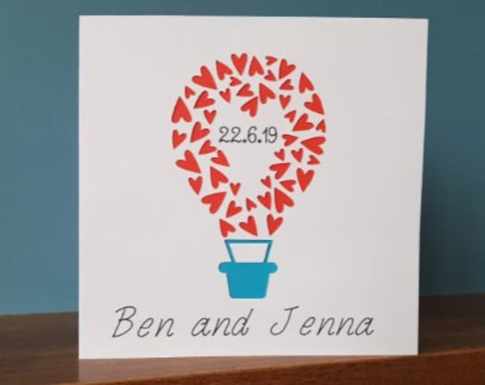 Personalised wedding card, engagement card, anniversary card, greetings card with date and names. Gorgeous love heart hot air balloon.