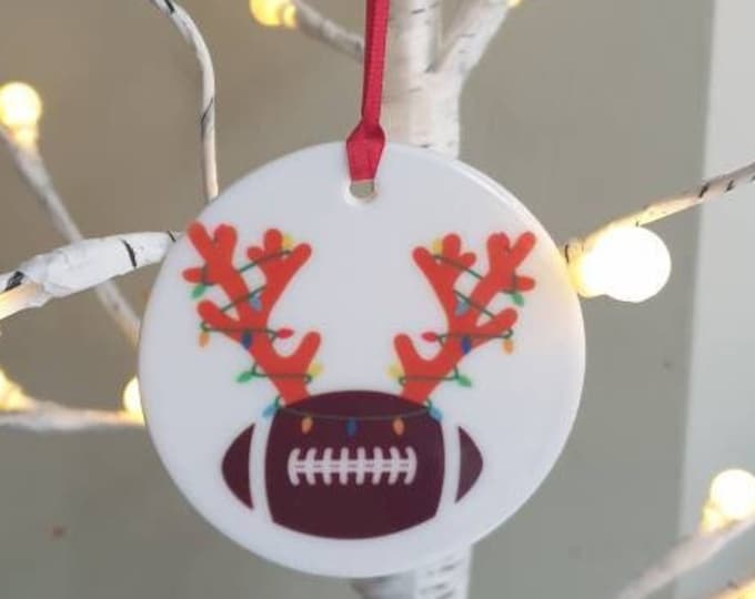 American Football with antlers and Christmas lights ceramic Christmas tree decoration