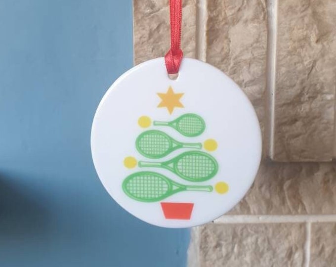 Tennis themed ceramic Christmas tree decoration