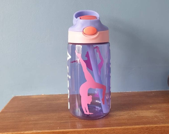 Kids 480ml drinks bottle with popup spout, handle , and personalised with a name and Gymnastics design.