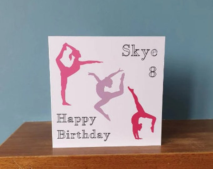 A lovely personalised handmade gymnastics, gym birthday card / greetings card with name and number. Ideal for all gymnastics lovers!