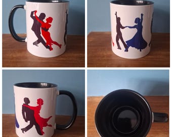 A lovely Ballroom Dancing themed mug with black handle and black inside.