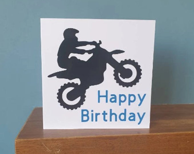 A handmade cut out design Motocross / dirt bike Birthday greetings card. Ideal for all sports lovers!