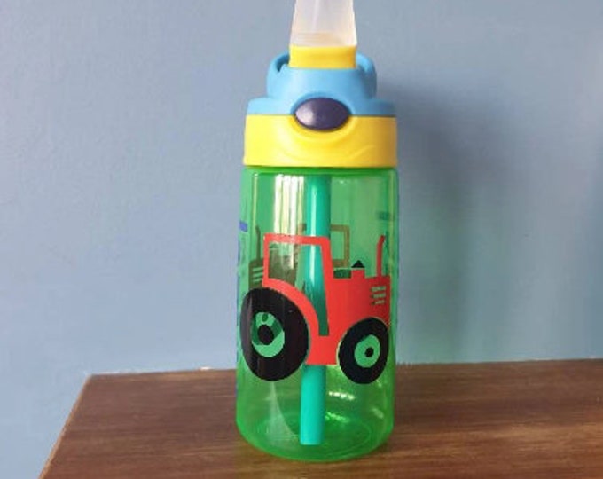 Kids 480ml pop up spout water bottle with handle personalised with a vinyl name and Tractor design. BPA free.