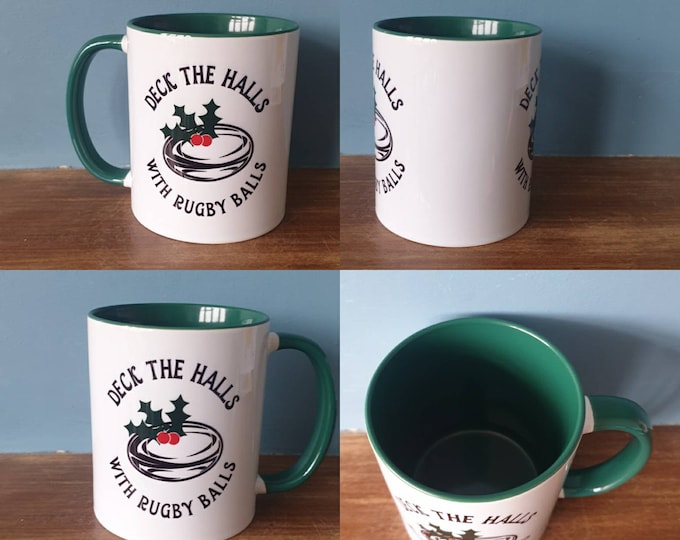Rugby mug with lovely Christmas themed design. Deck the halls with Rugby balls