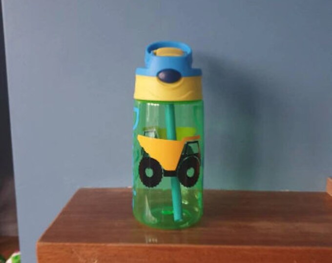 Kids water bottle 480ml pop up spout water bottle with handle personalised with a vinyl name and Dumper Truck design. BPA free.