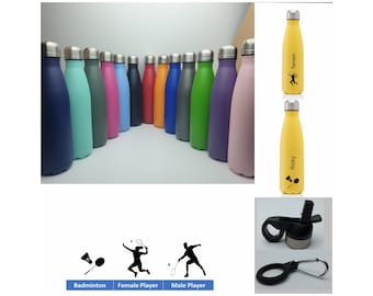 Badminton Stainless Steel 500ml Water bottle personalised with a name and a Badminton themed design