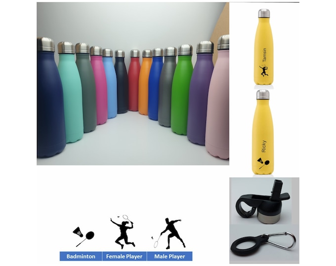 Badminton Stainless Steel 500ml Water bottle personalised with a name and a Badminton themed design
