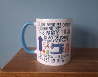 Sewing mug with funny sewing themed Christmas design