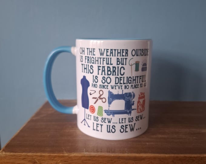 Sewing mug with funny sewing themed Christmas design