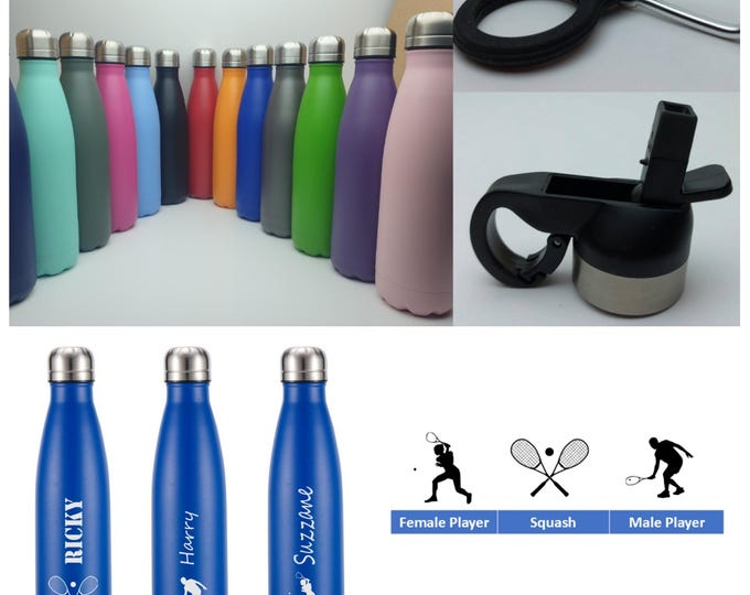 Squash Stainless Steel 500ml Water bottle personalised with a name and a Squash themed design
