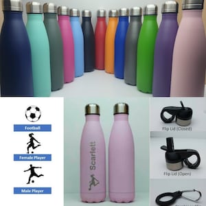 Gourde Football 500 ml en acier inoxydable finition satinée personnalisée avec un nom et un design sur le thème du footballeur