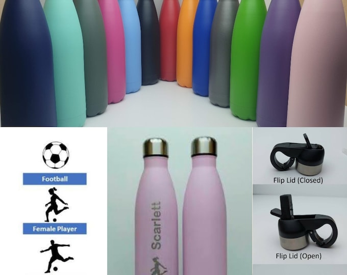 Football Stainless Steel 500ml satin finish Water bottle personalised with a name and a Footballer themed design