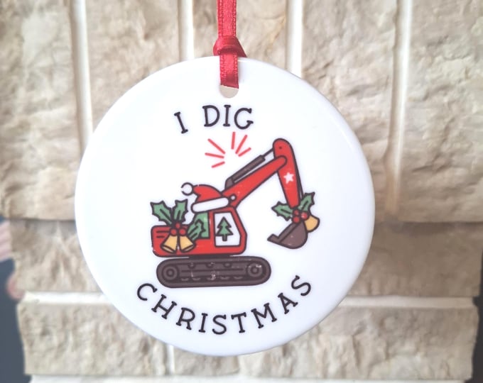 construction themed ceramic Christmas tree decoration with excavator.