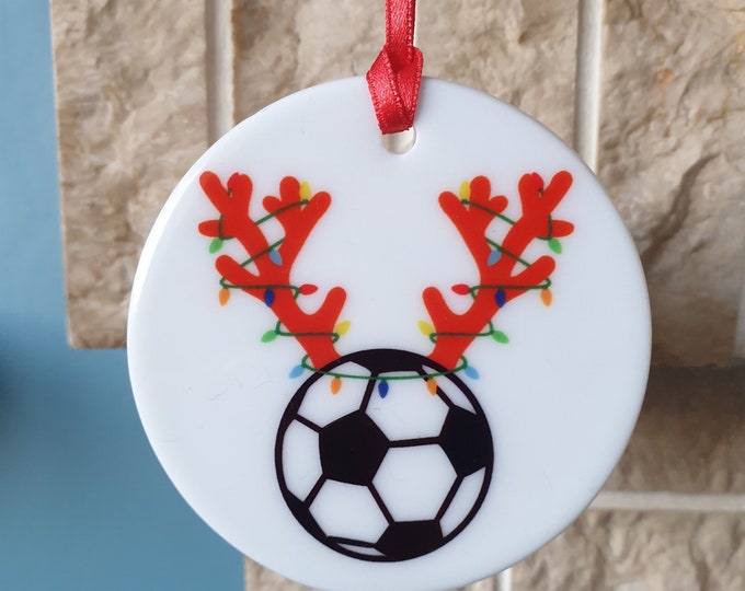 Football with antlers and Christmas lights ceramic Christmas tree decoration