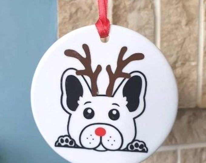 French Bulldog with antlers and red nose round ceramic Christmas tree decoration