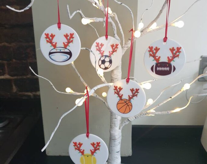 American Football, Tennis, Football, Rugby or Basketball with antlers and Christmas lights ceramic Christmas tree decoration