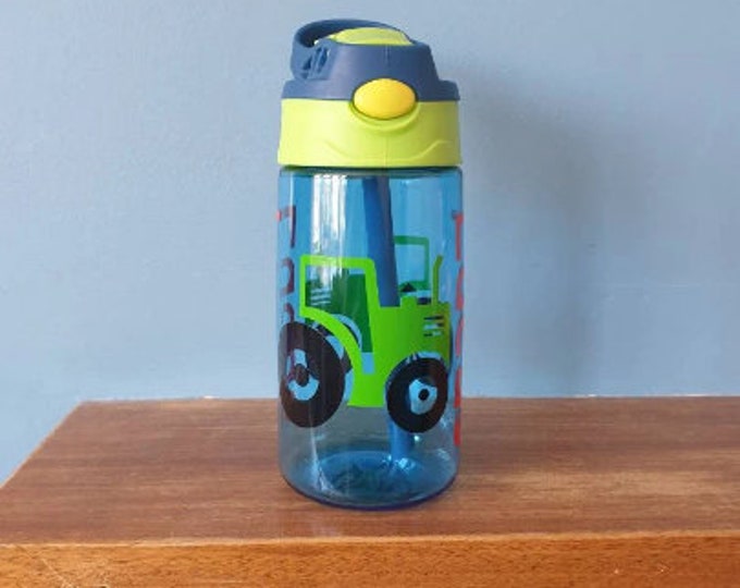 Kids 480ml drinks bottle with pop up spout, handle and personalised with a name and Tractor design.