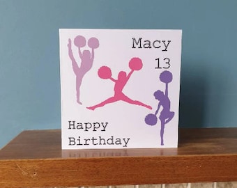 Personalised handmade cut out design cheerleading, cheerleader, dancer birthday card / greetings card with name and number.