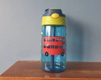 Kids water bottle 480ml pop up spout water bottle with handle personalised with a vinyl name and London Bus / Bus design.