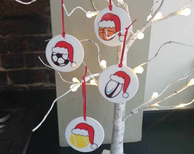 Football, Tennis, Basketball or Rugby with Christmas hat ceramic Christmas tree decoration