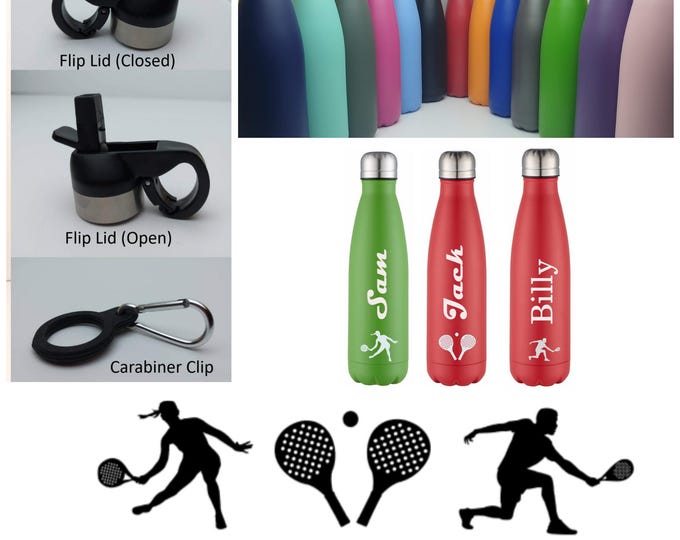 Padel  Stainless Steel 500ml Water bottle personalised with a name and a Padel themed design