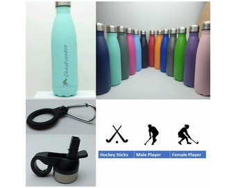 Hockey Stainless Steel 500ml Water bottle personalised with a name and a Hockey themed design