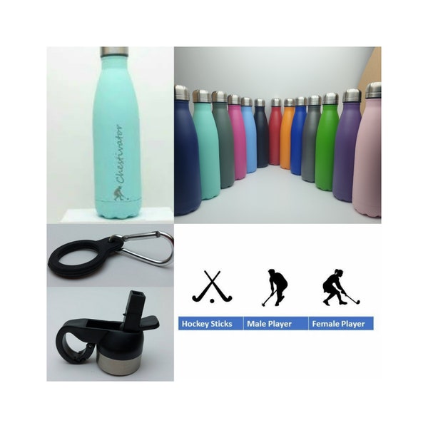 Hockey-Edelstahl-500-ml-Wasserflasche, personalisiert mit einem Namen und einem Hockey-Design