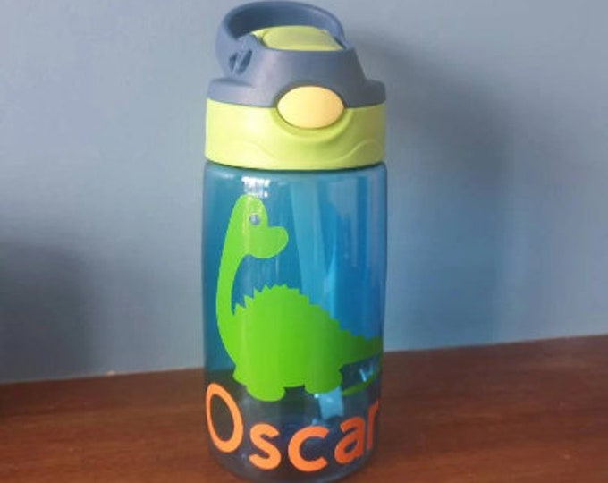 Dinosaur Kids 480ml leak proof pop up spout water bottle with handle personalised with a vinyl name and dinosaur design. BPA free.