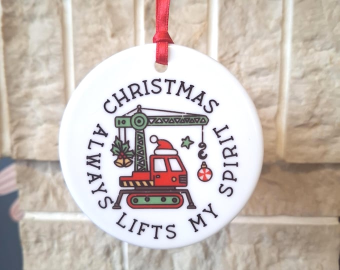 construction themed ceramic Christmas tree decoration with mobile crane