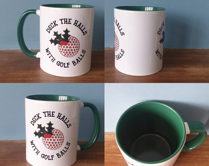 Golf mug with lovely Christmas themed design. Deck the halls with Golf balls