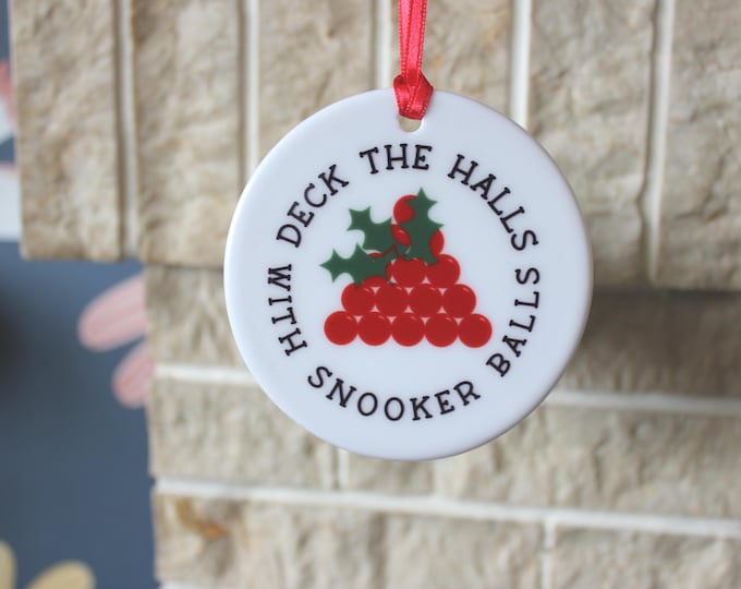 Snooker themed ceramic Christmas tree decoration 'Deck the halls with snooker balls'